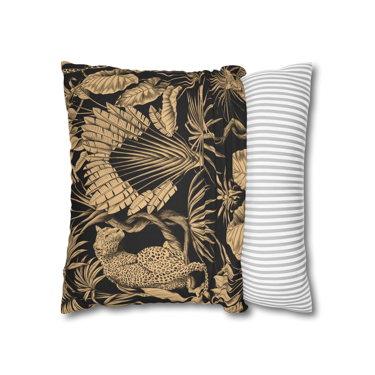 Tropical Leopard Decorative Pillowcase — Gold Palm Leaves on Black