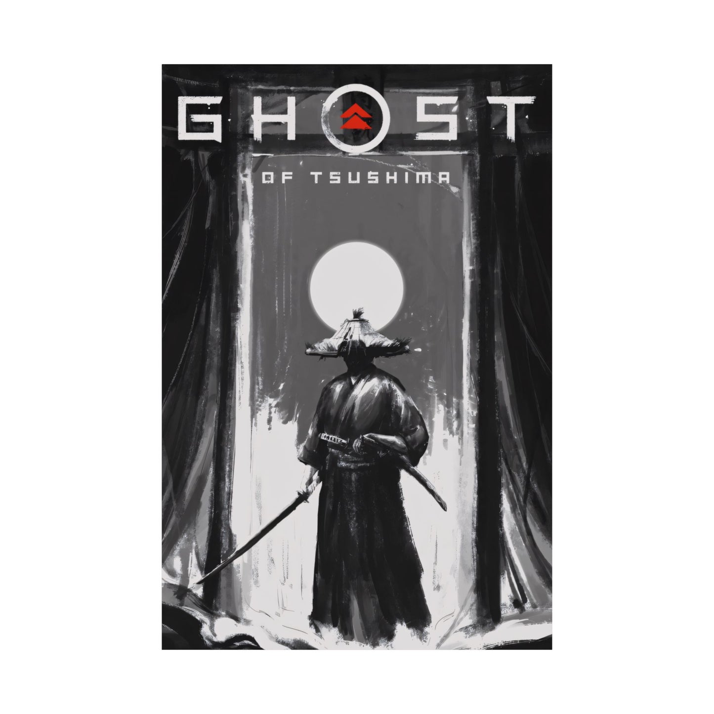 Ghost of Tsushima Matte Poster — Samurai Black & White Vertical Art Print