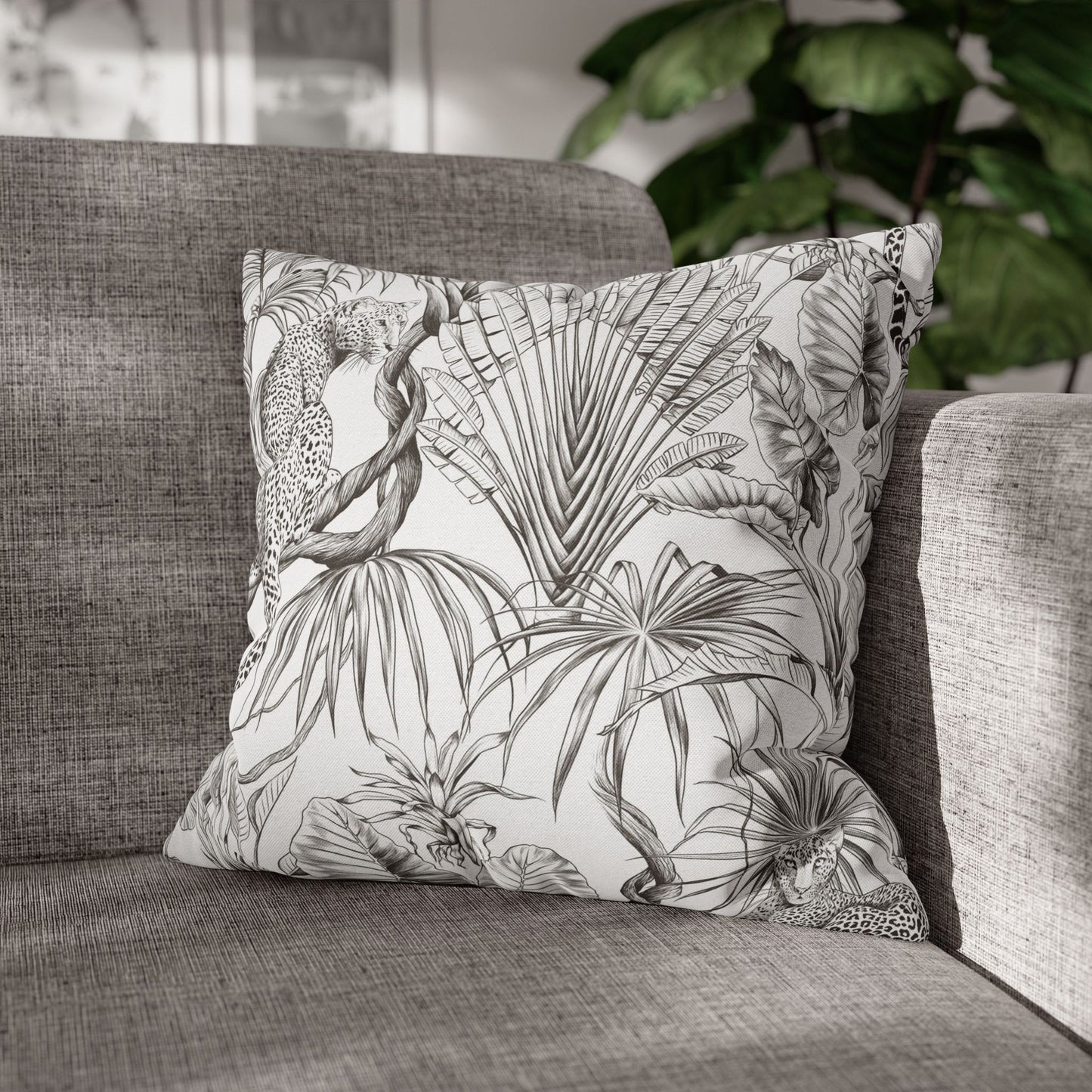 Tropical Leopard Pillowcase — Botanical Black & White Throw Pillow Cover