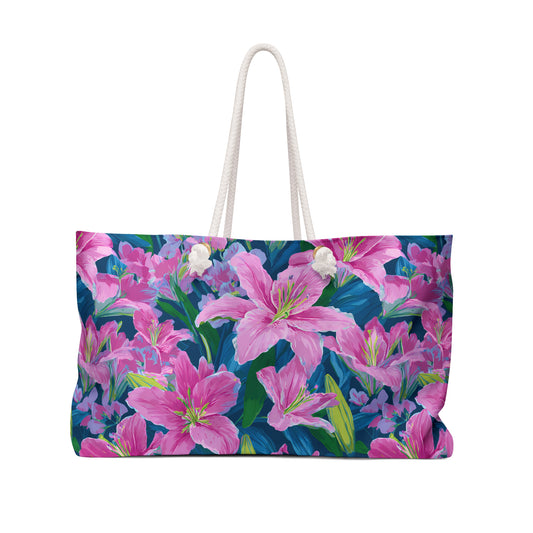 Pink Lily Floral Weekender Bag — Tropical Travel Tote for Beach & Getaways