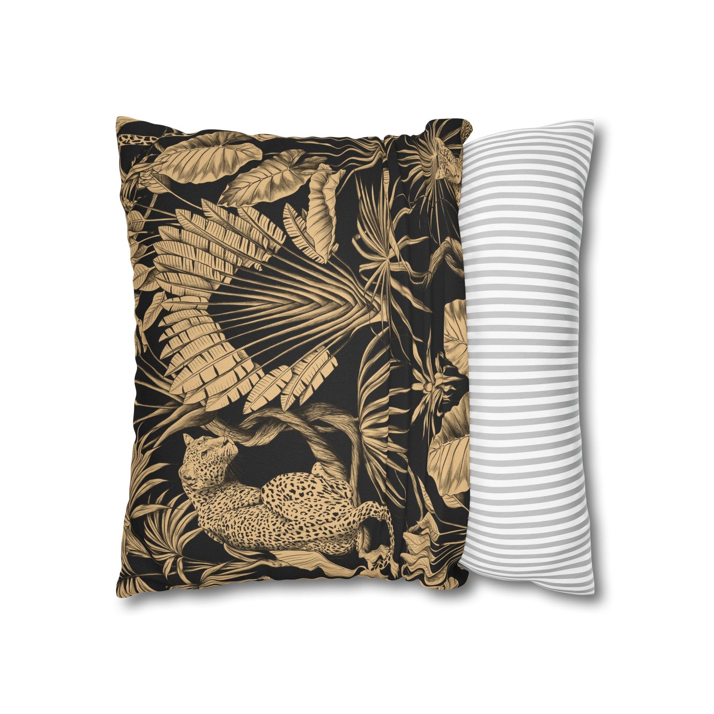 Tropical Leopard Decorative Pillowcase — Gold Palm Leaves on Black