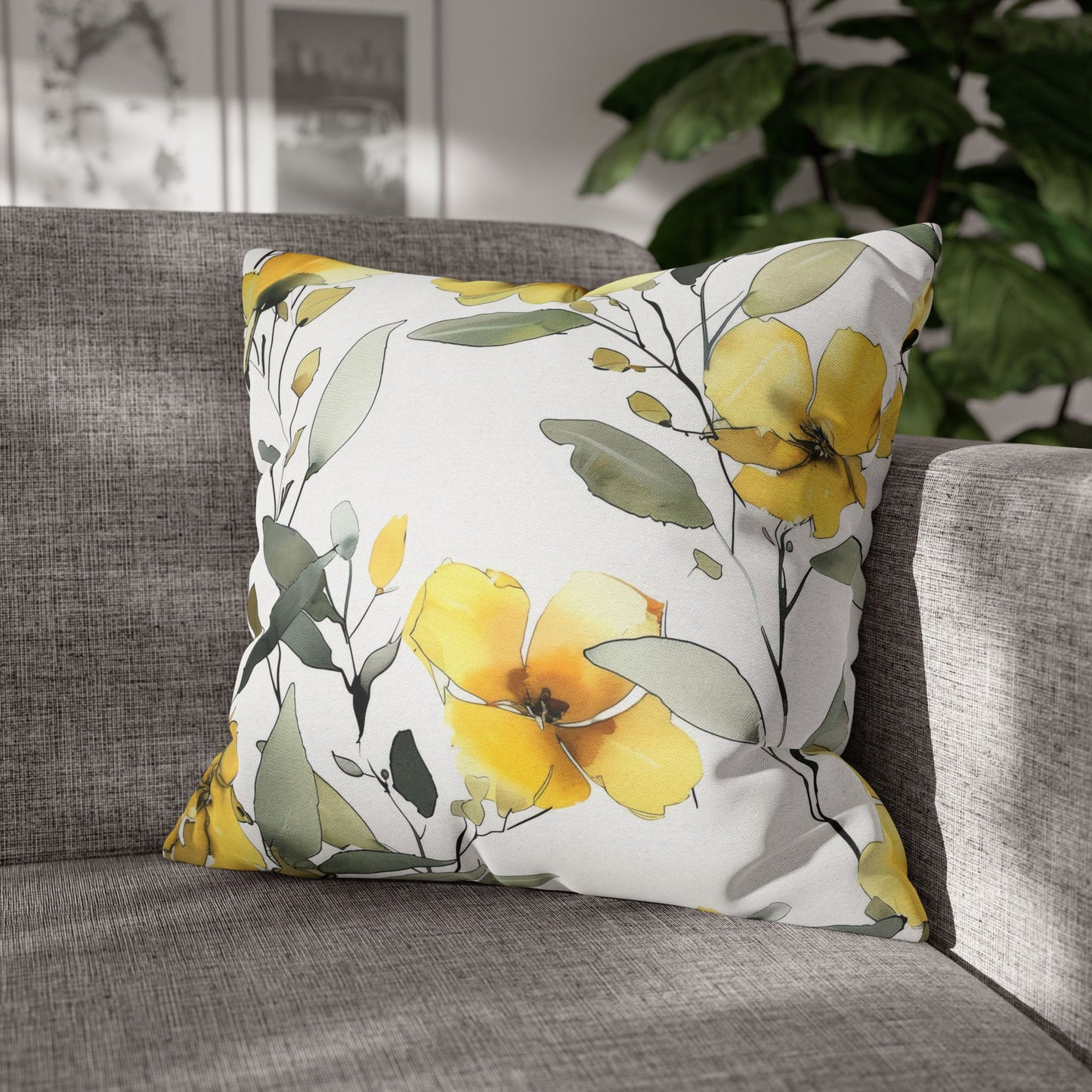 Yellow Floral Pillowcase — Watercolor Blossom Square Throw Pillow Cover