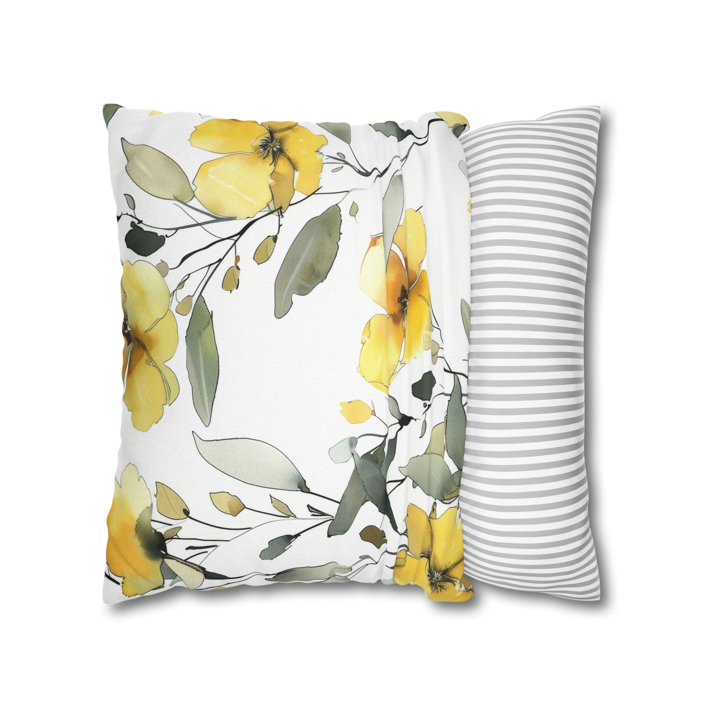 Yellow Floral Pillowcase — Watercolor Blossom Square Throw Pillow Cover