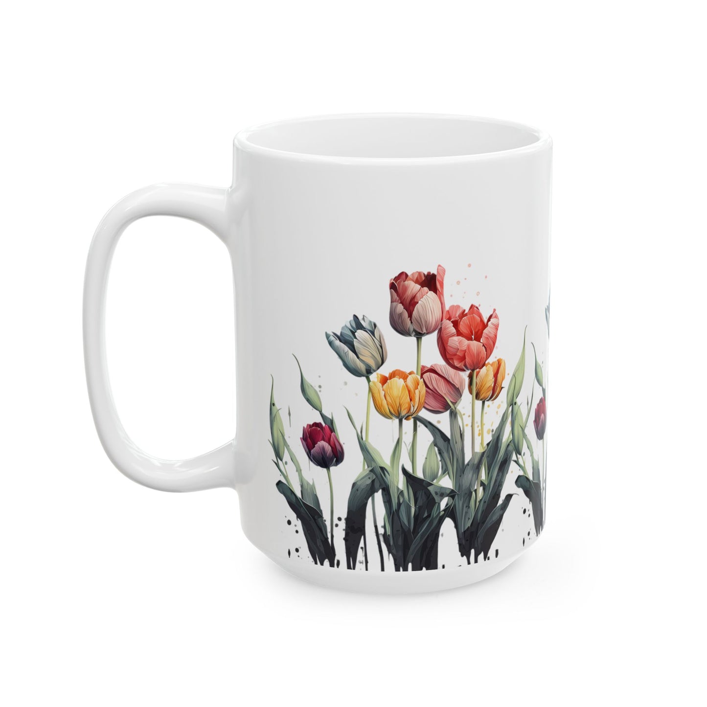 Tulip Garden Ceramic Mug — Floral Watercolor Coffee Cup (11oz & 15oz)