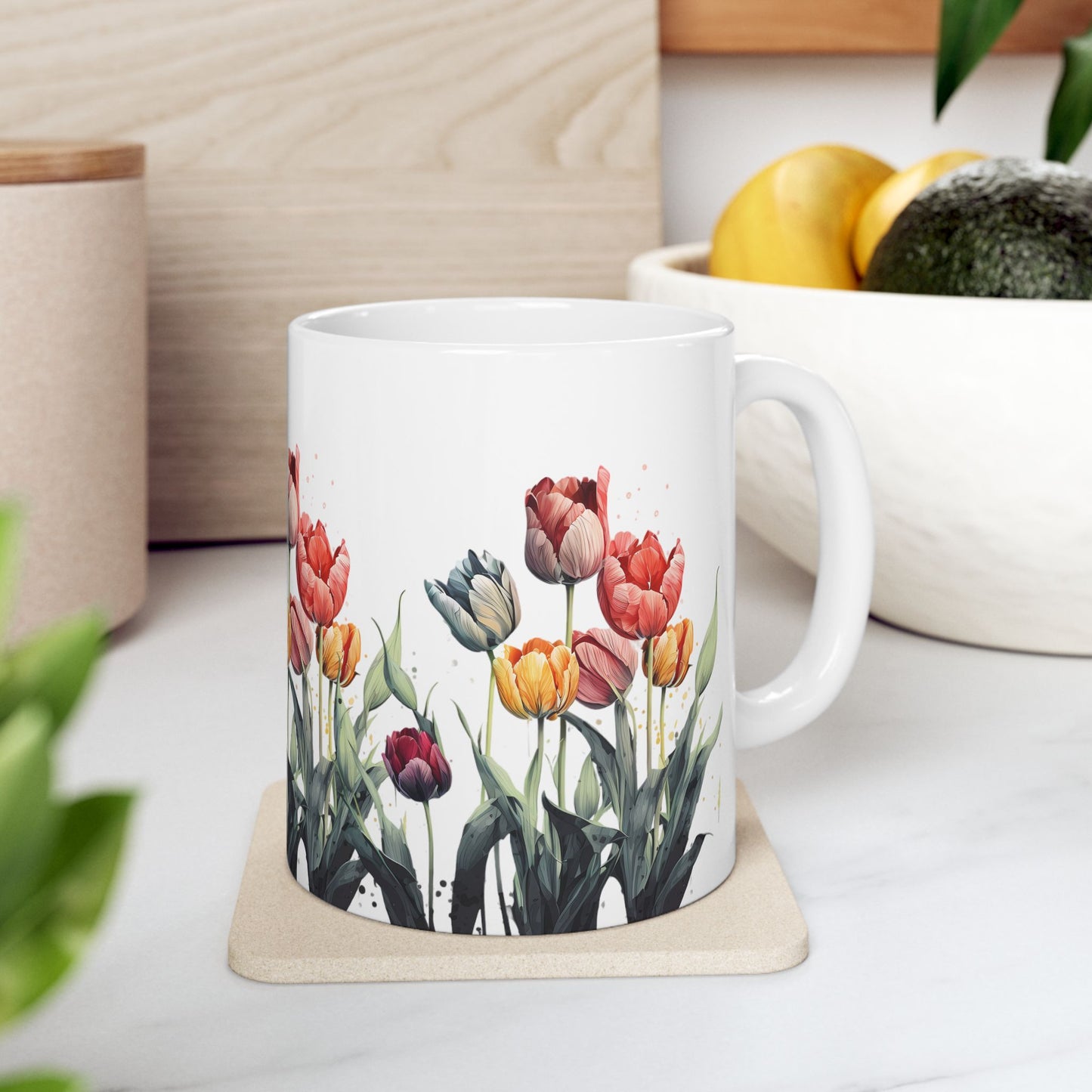 Tulip Garden Ceramic Mug — Floral Watercolor Coffee Cup (11oz & 15oz)