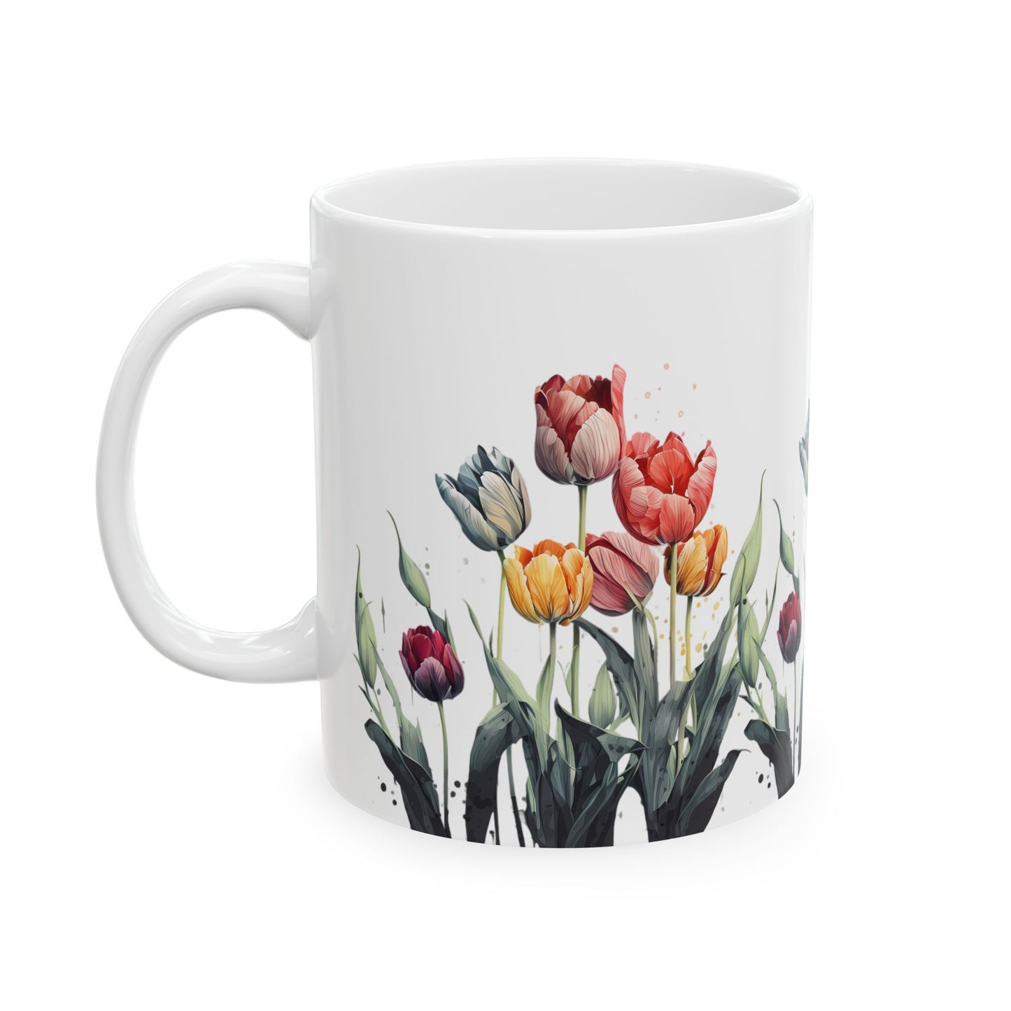 Tulip Garden Ceramic Mug — Floral Watercolor Coffee Cup (11oz & 15oz)