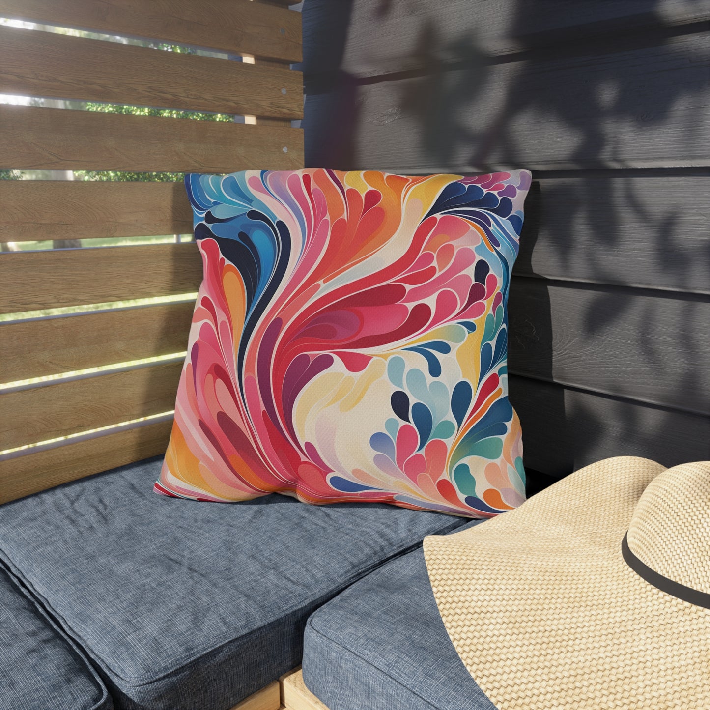 Vibrant Swirl Outdoor Pillow — Colorful Abstract Patio Cushion