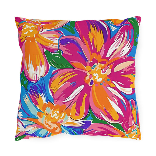 Bright Tropical Floral Outdoor Pillow | Colorful Hibiscus Patio Cushion