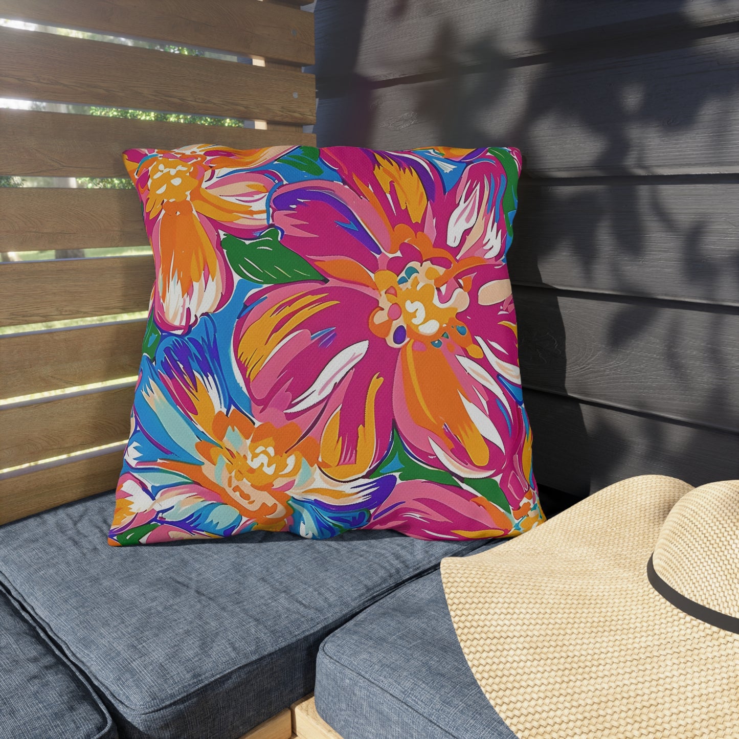 Bright Tropical Floral Outdoor Pillow | Colorful Hibiscus Patio Cushion