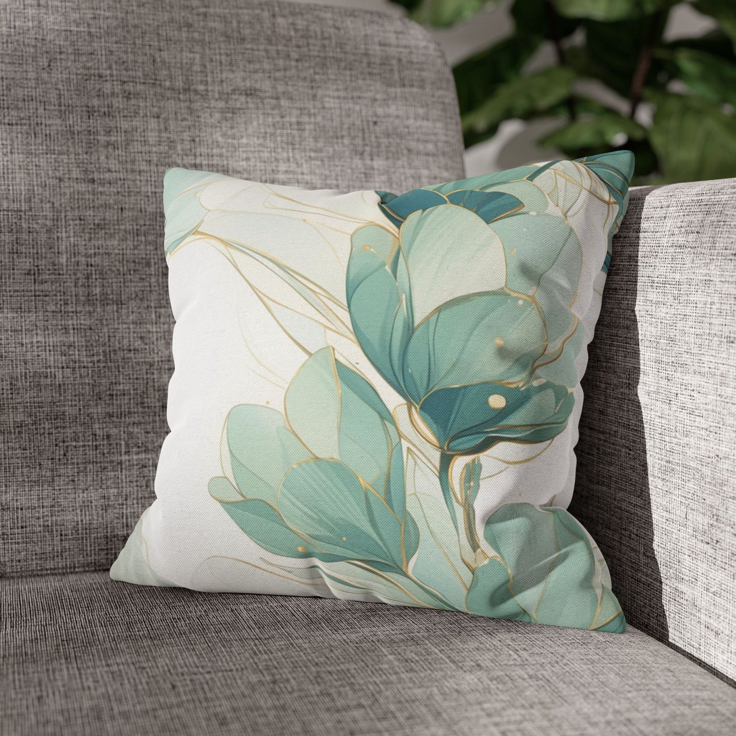 Botanical Teal Floral Square Pillow Cover — Soft Spun Polyester Decorative Throw Pillowcase