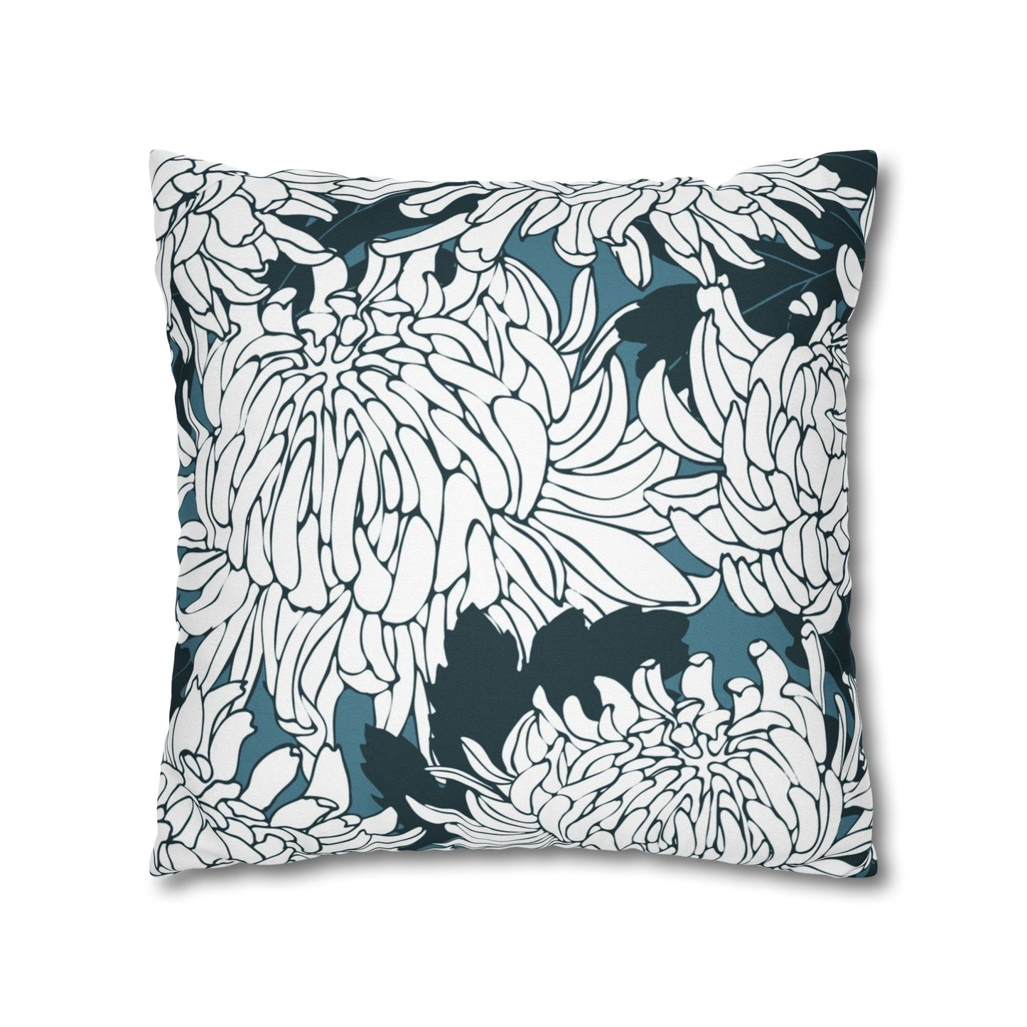 Chrysanthemum Floral Pillowcase — Navy & White Decorative Throw Pillow