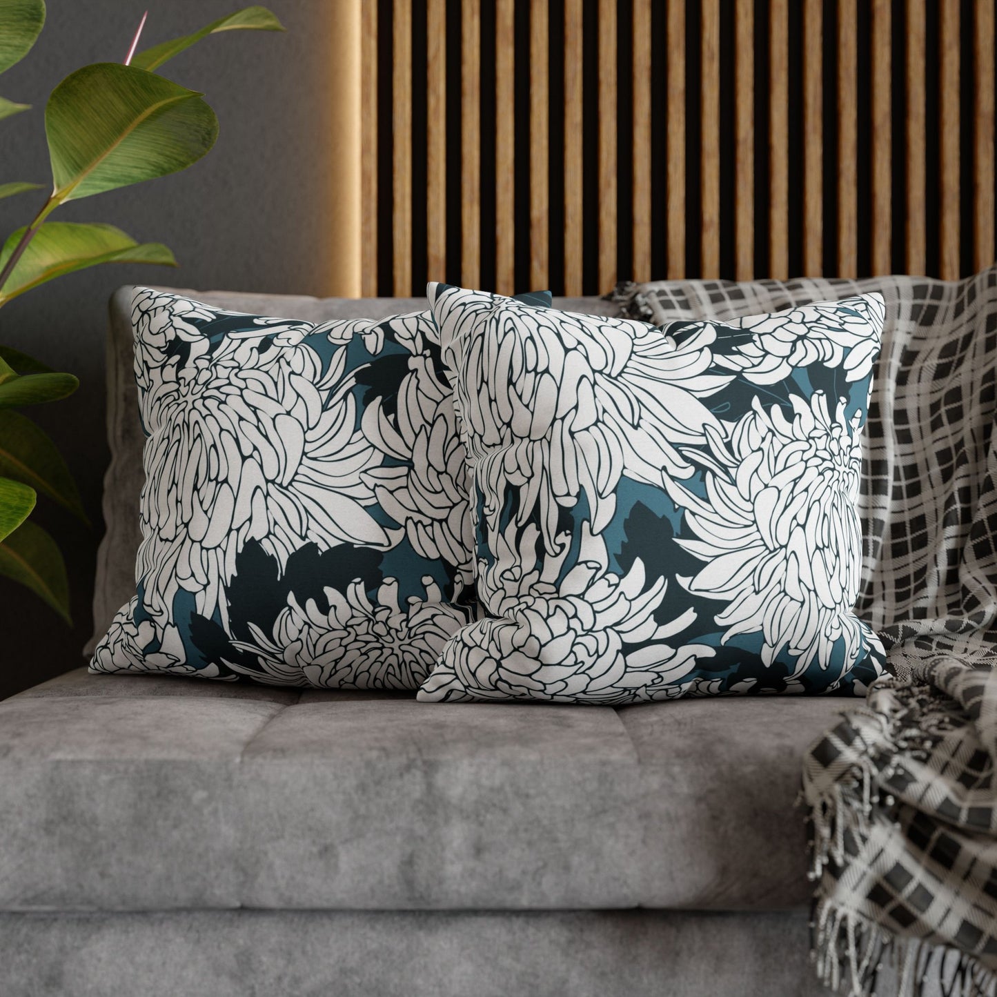 Chrysanthemum Floral Pillowcase — Navy & White Decorative Throw Pillow