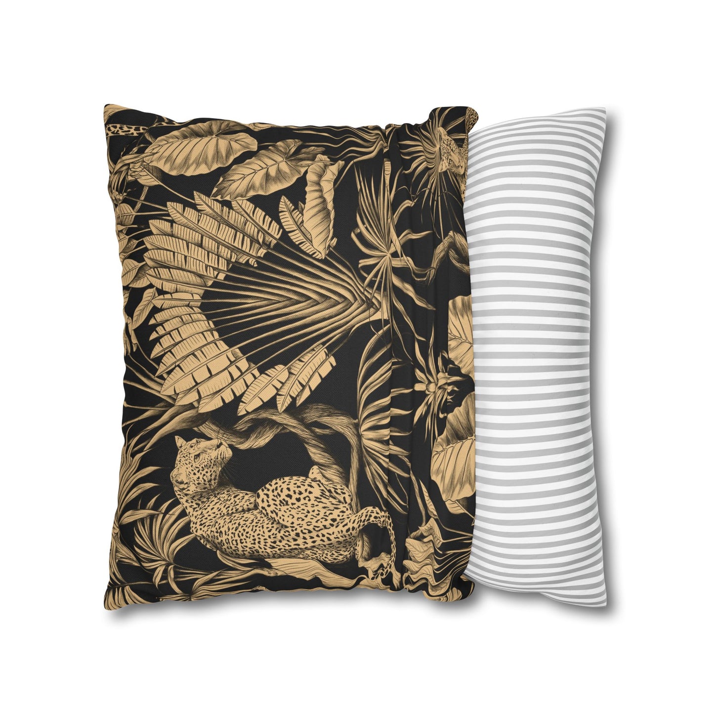 Tropical Leopard Decorative Pillowcase — Gold Palm Leaves on Black