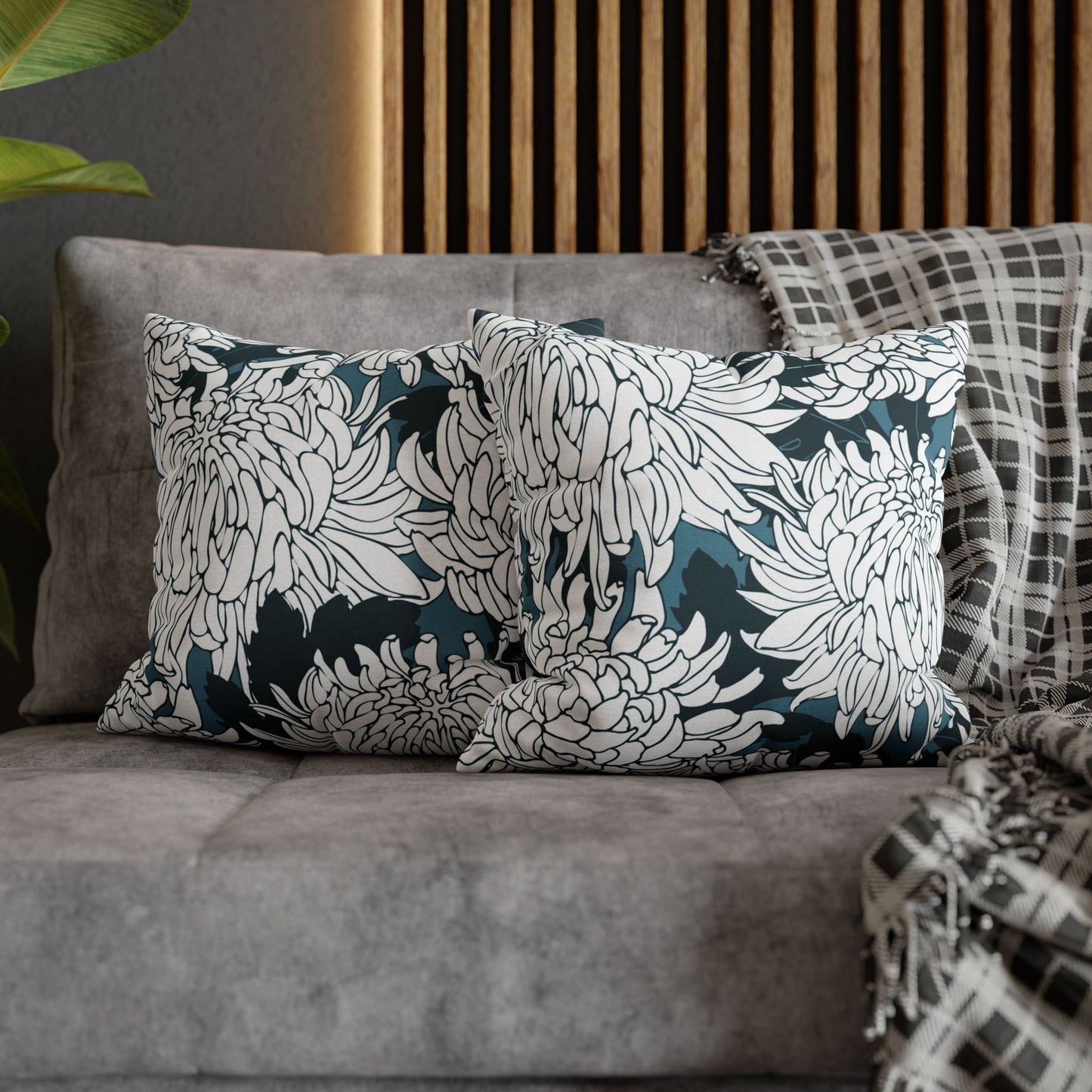 Chrysanthemum Floral Pillowcase — Navy & White Decorative Throw Pillow