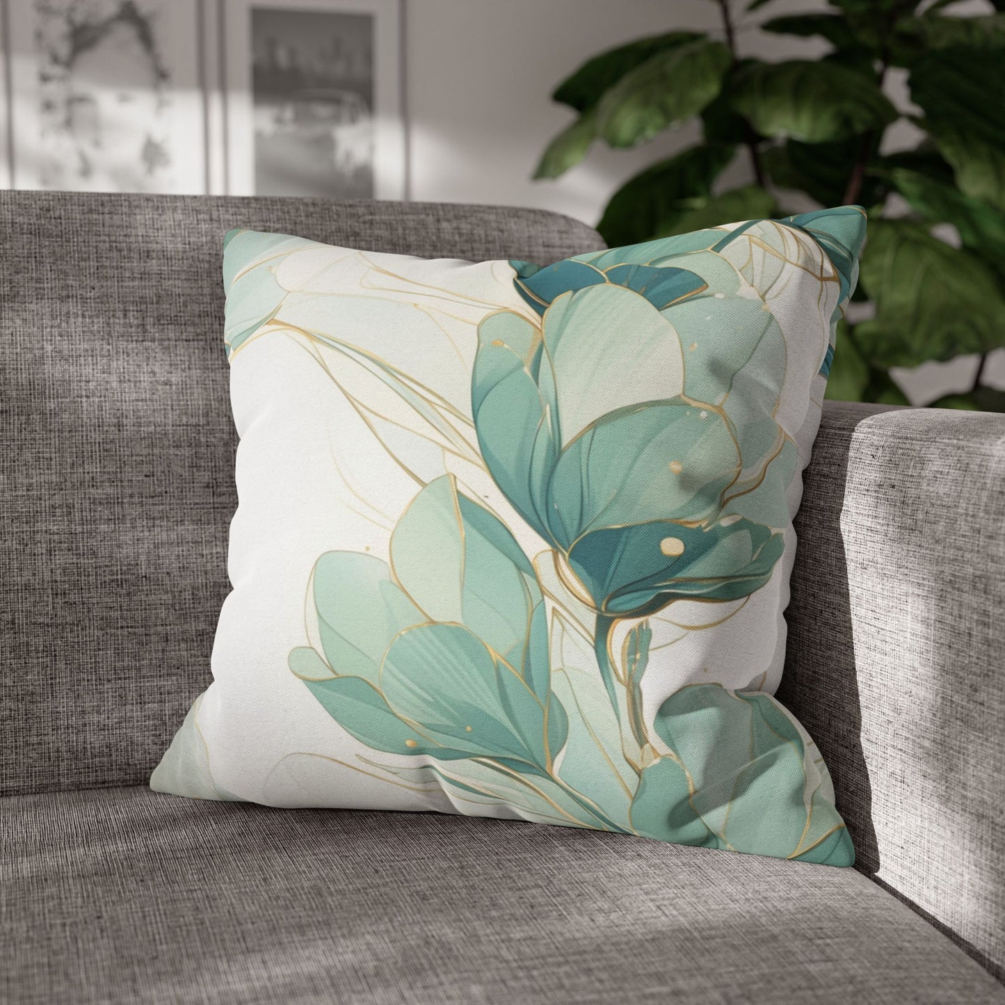 Botanical Teal Floral Square Pillow Cover — Soft Spun Polyester Decorative Throw Pillowcase