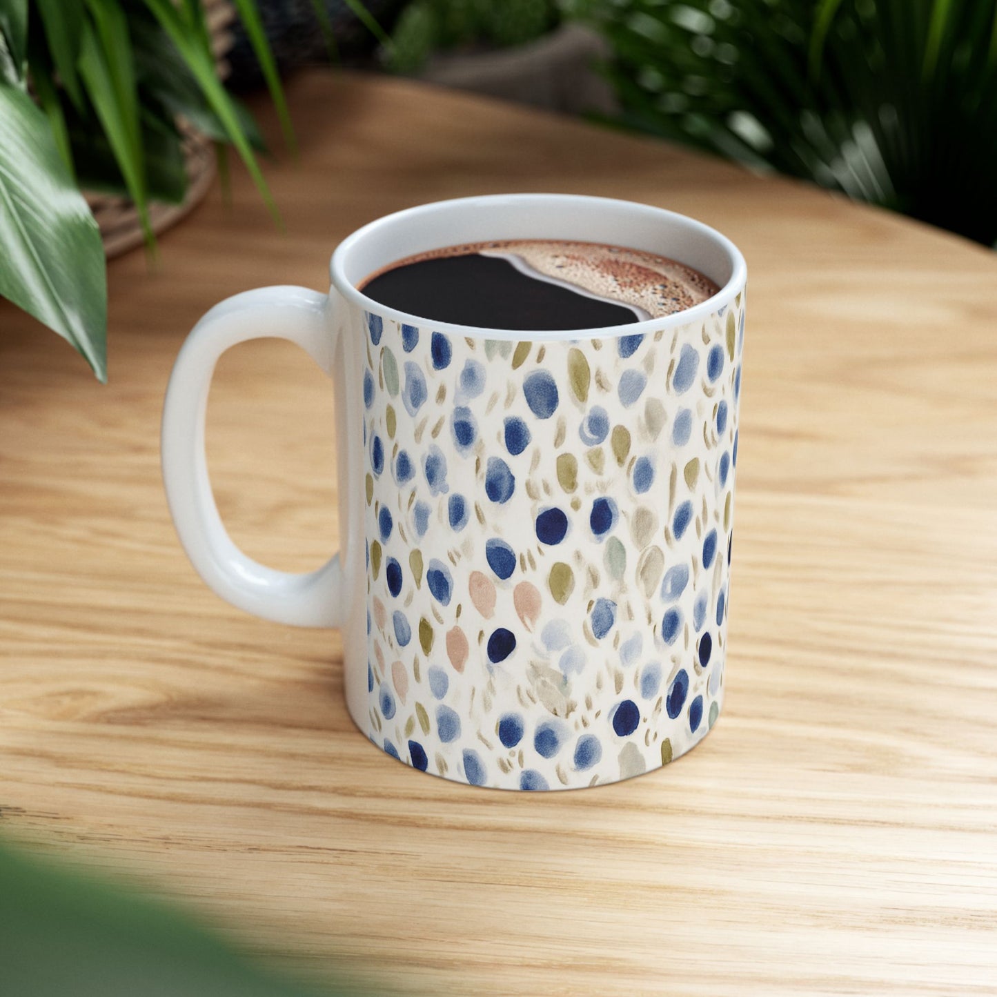 Blue Olive Watercolor Dot Ceramic Mug – Abstract Speckled Coffee Cup (11oz/15oz)