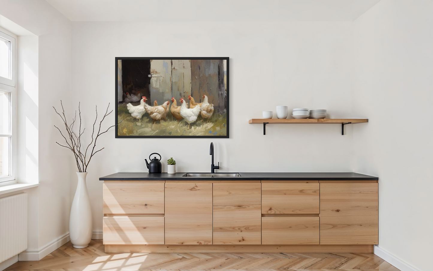 The Waiting Hens Rustic Farmhouse Framed Wall Art | Wood Frame