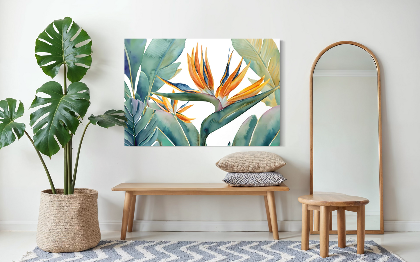 Paradise Bloom - Tropical Bird of Paradise Botanical Art Framed Print - Premium Oak/Ash Wood Frame