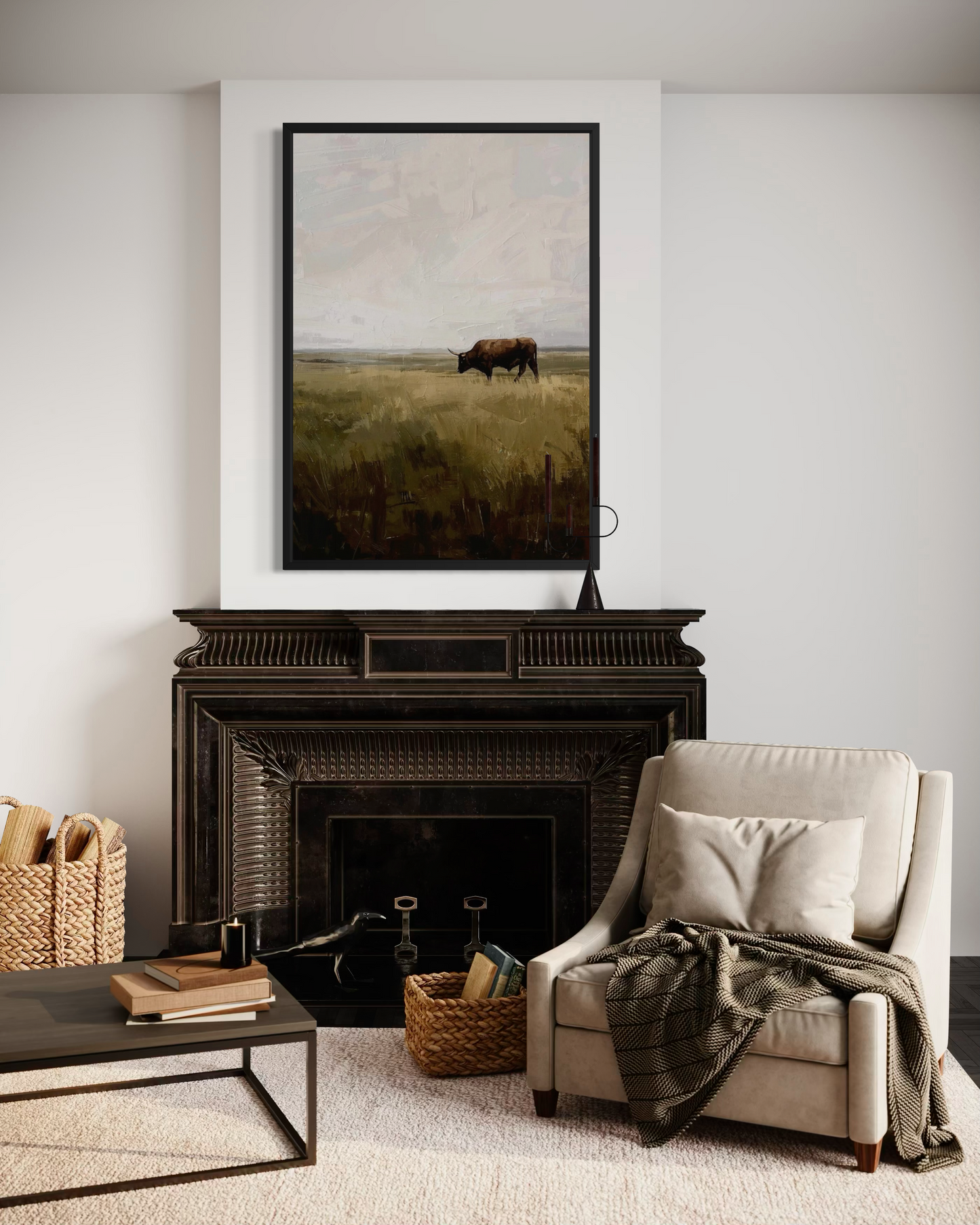 Lone Bull on the Prairie - Rustic Western Landscape Art
