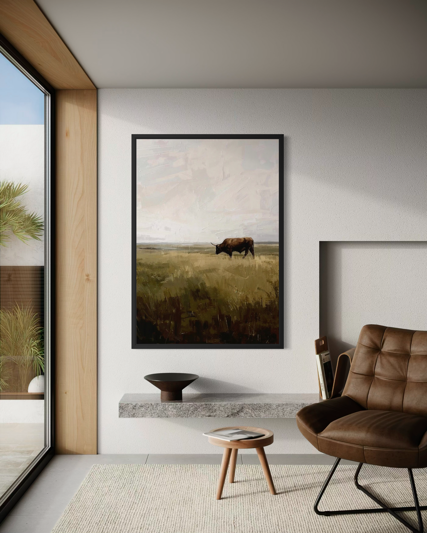 Lone Bull on the Prairie - Rustic Western Landscape Art