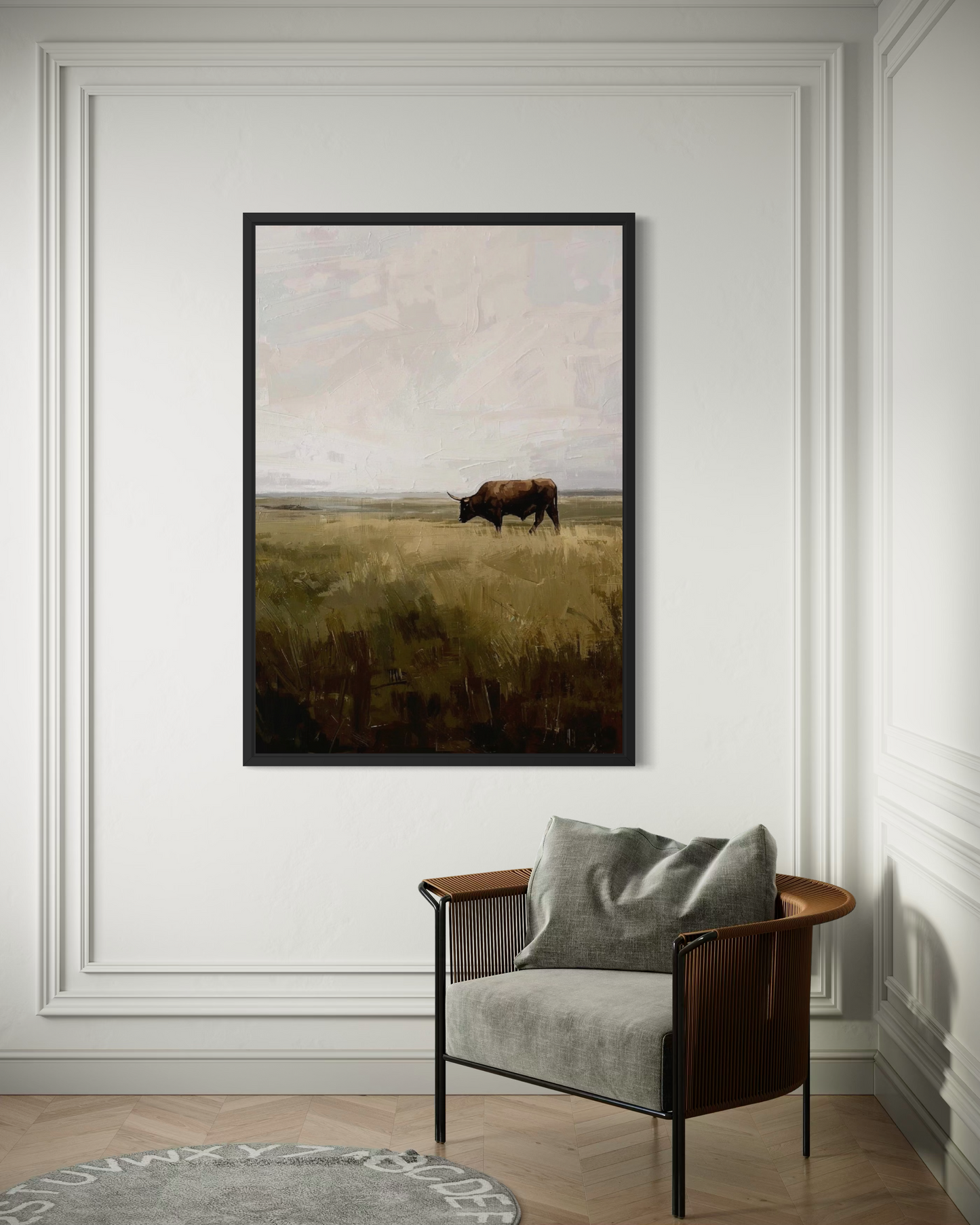 Lone Bull on the Prairie - Rustic Western Landscape Art