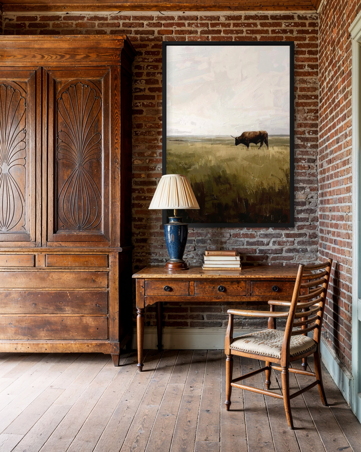 Lone Bull on the Prairie - Rustic Western Landscape Art