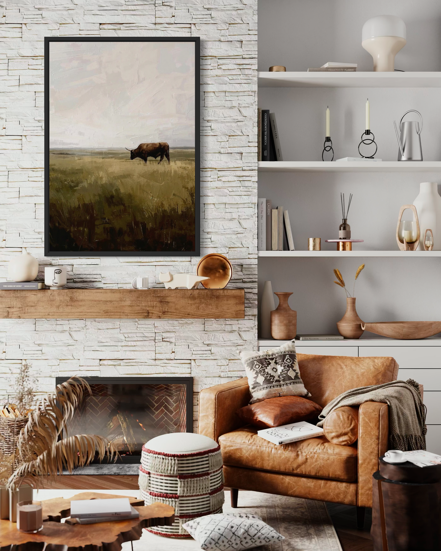 Lone Bull on the Prairie - Rustic Western Landscape Art