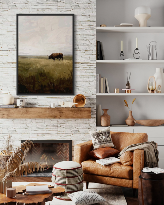 Lone Bull on the Prairie - Rustic Western Landscape Art