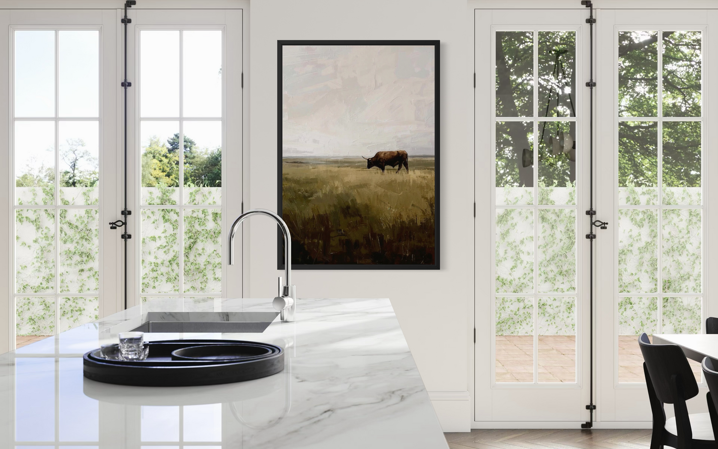 Lone Bull on the Prairie - Rustic Western Landscape Art