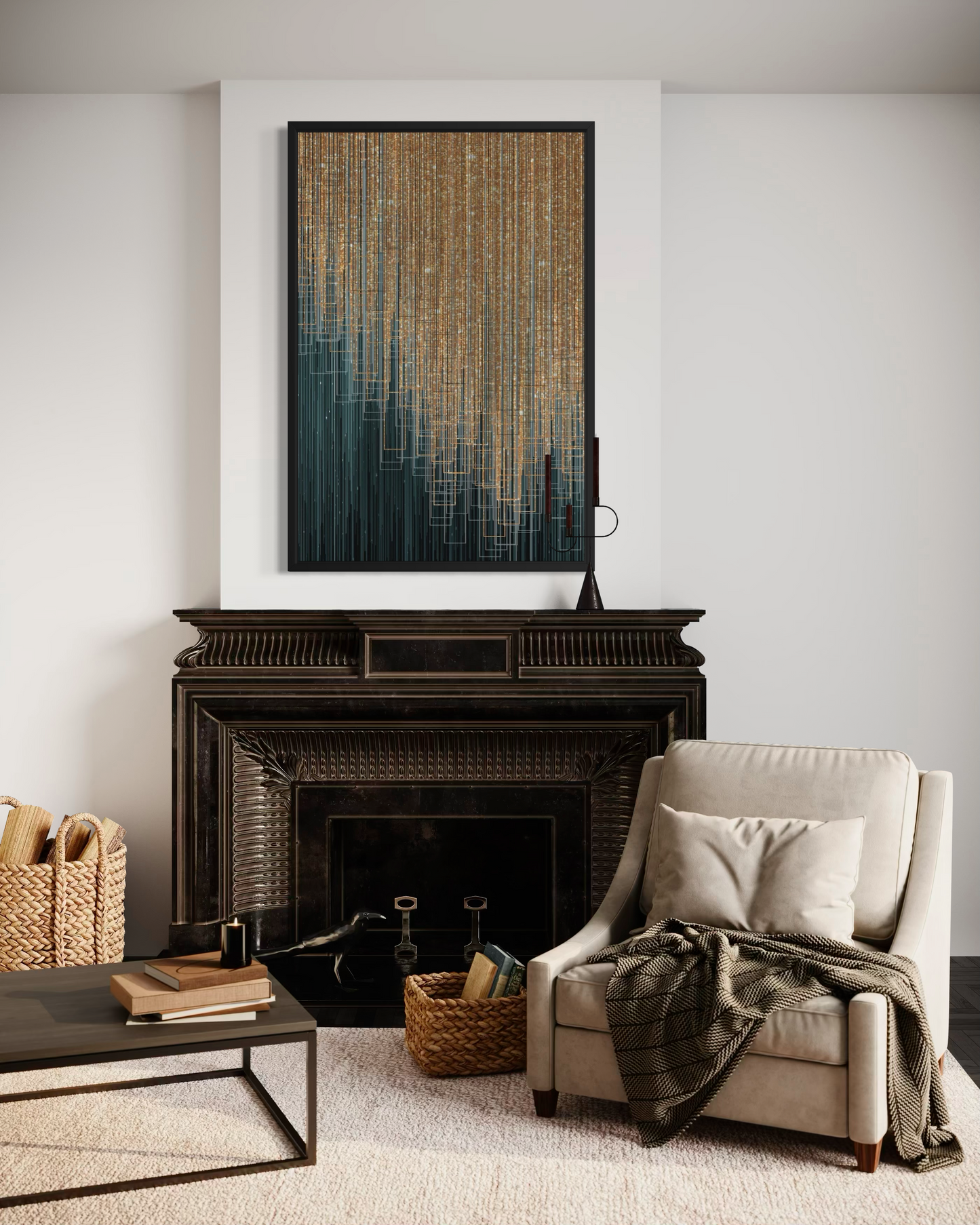 Golden Cascade - Modern Abstract Framed Fine Art Print