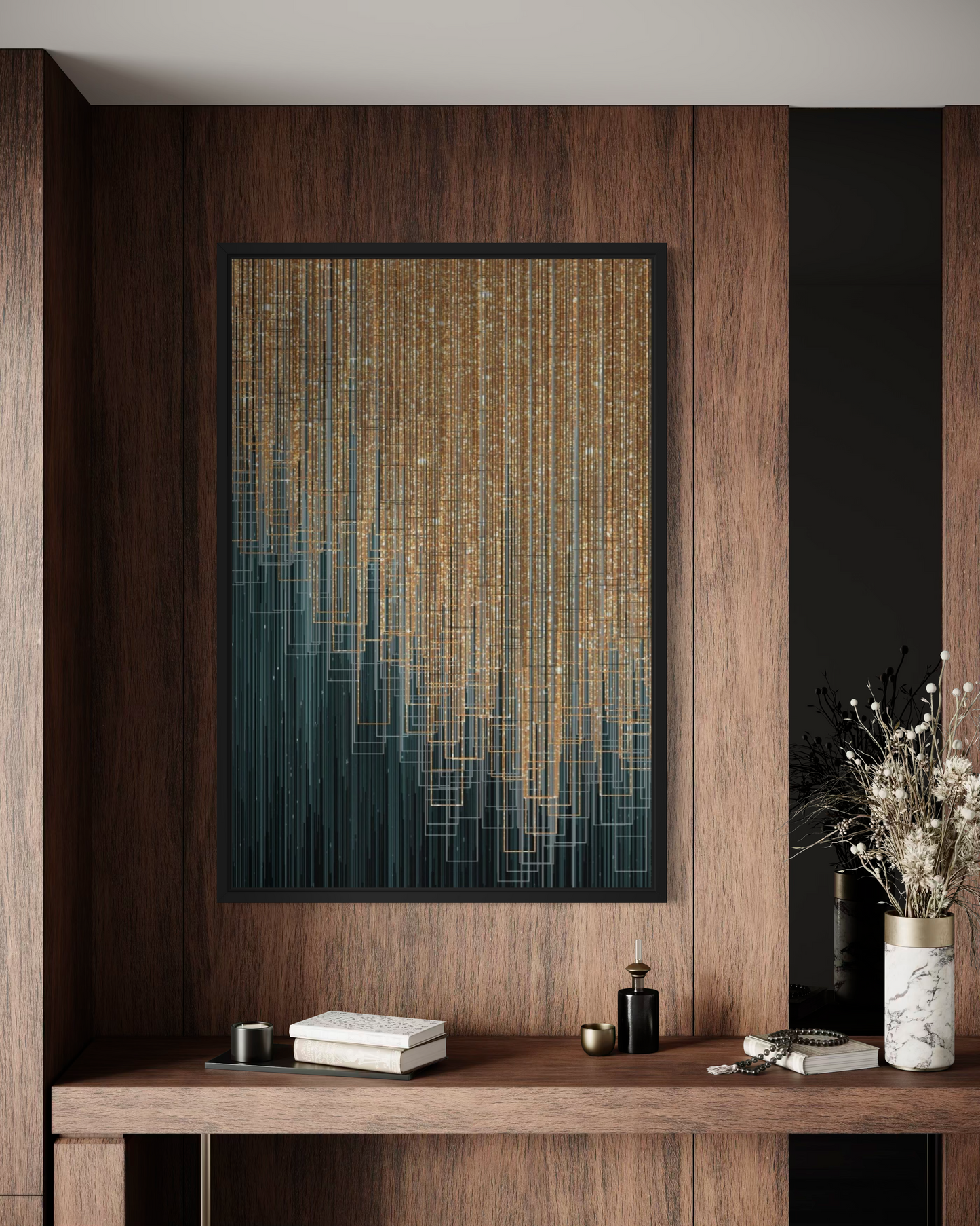Golden Cascade - Modern Abstract Framed Fine Art Print