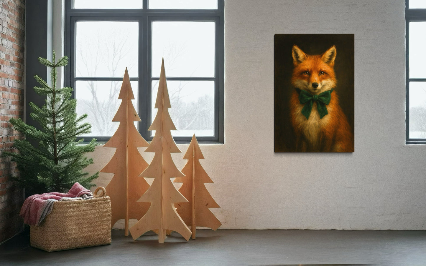 Regal Red Fox Portrait with Emerald Green Bow – Vintage Woodland Wall Art