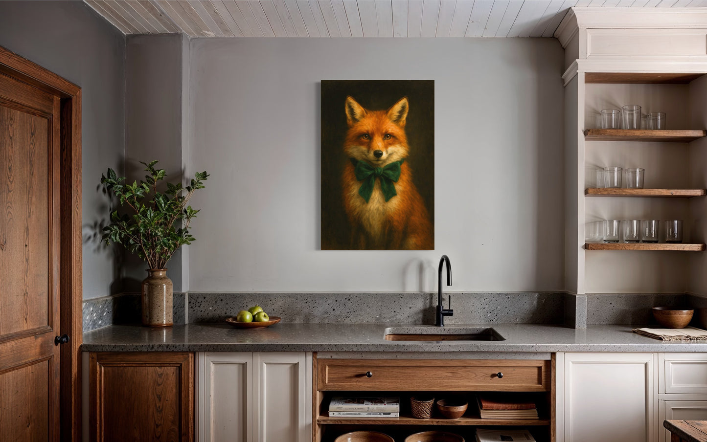 Regal Red Fox Portrait with Emerald Green Bow – Vintage Woodland Wall Art