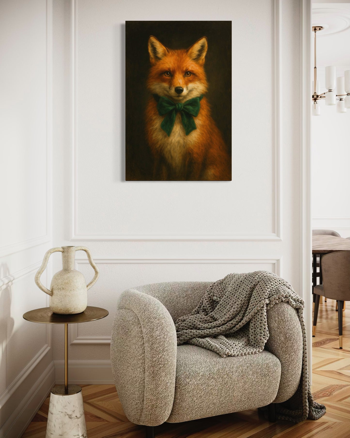 Regal Red Fox Portrait with Emerald Green Bow – Vintage Woodland Wall Art