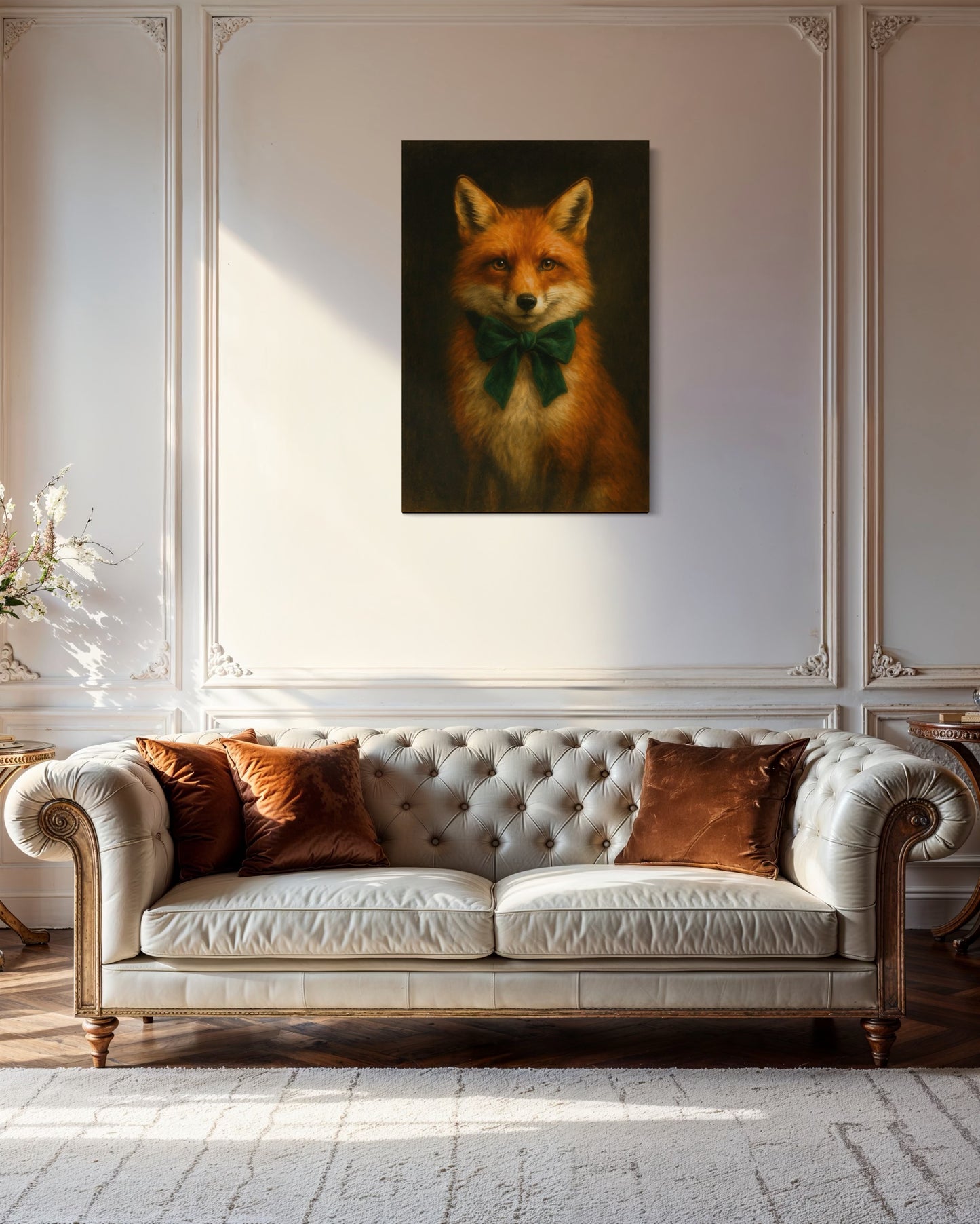 Regal Red Fox Portrait with Emerald Green Bow – Vintage Woodland Wall Art