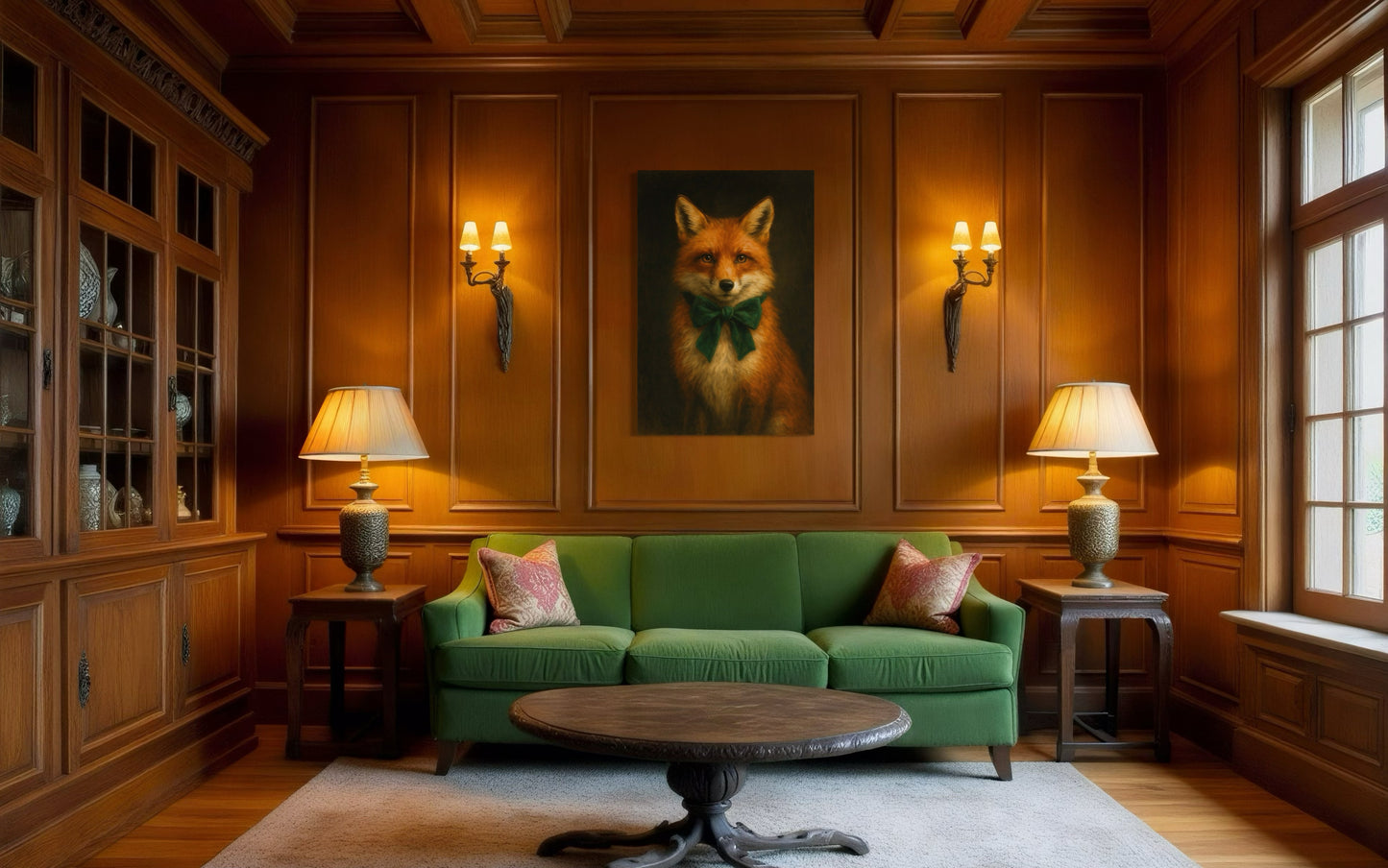 Regal Red Fox Portrait with Emerald Green Bow – Vintage Woodland Wall Art
