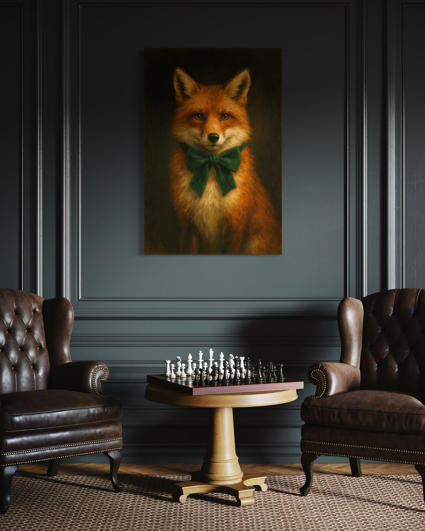 Regal Red Fox Portrait with Emerald Green Bow – Vintage Woodland Wall Art