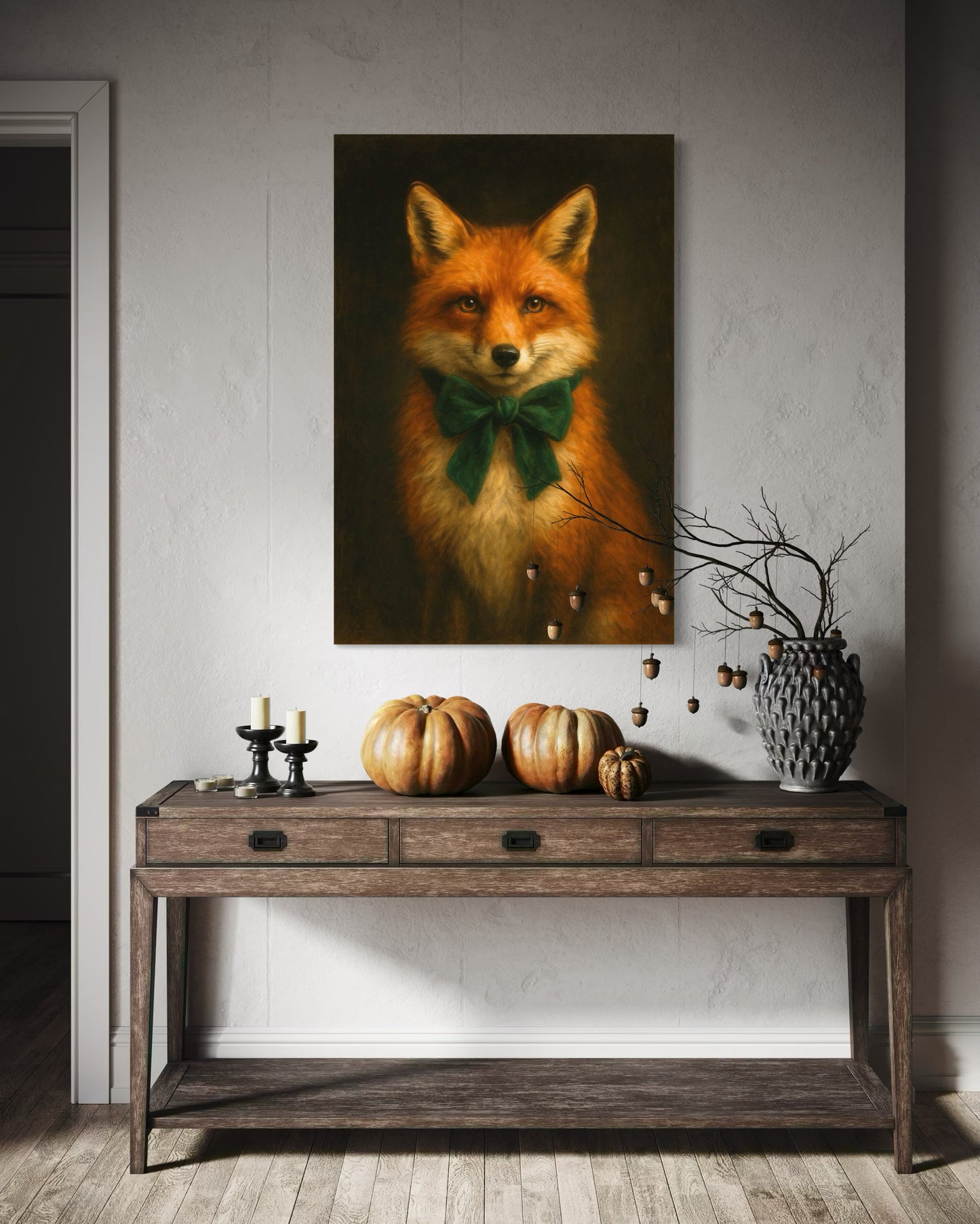 Regal Red Fox Portrait with Emerald Green Bow – Vintage Woodland Wall Art