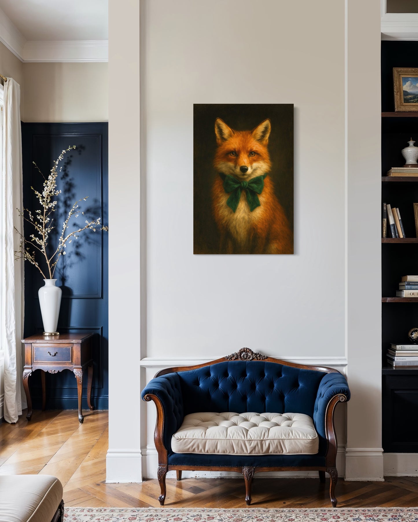 Regal Red Fox Portrait with Emerald Green Bow – Vintage Woodland Wall Art