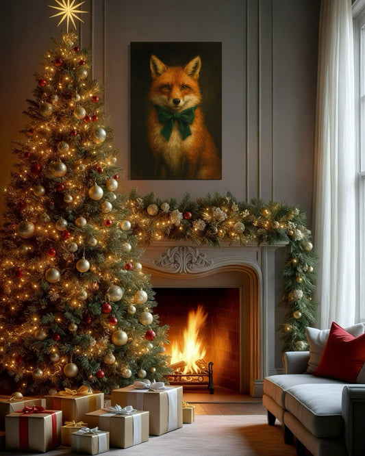 Regal Red Fox Portrait with Emerald Green Bow – Vintage Woodland Wall Art