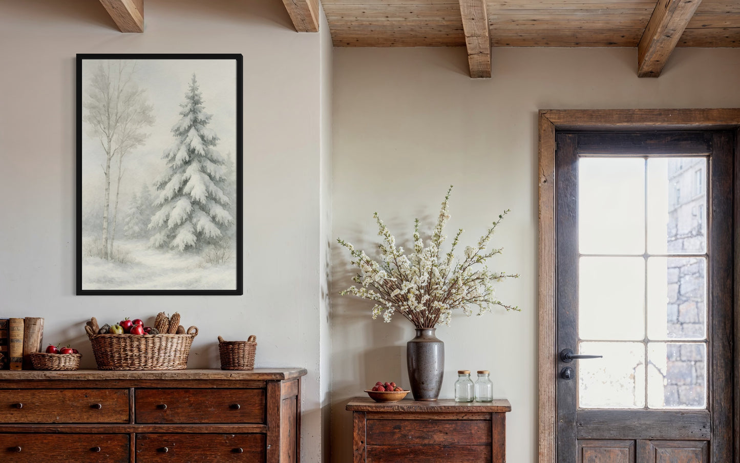 Winter Pine Tree in Snow – Framed Print