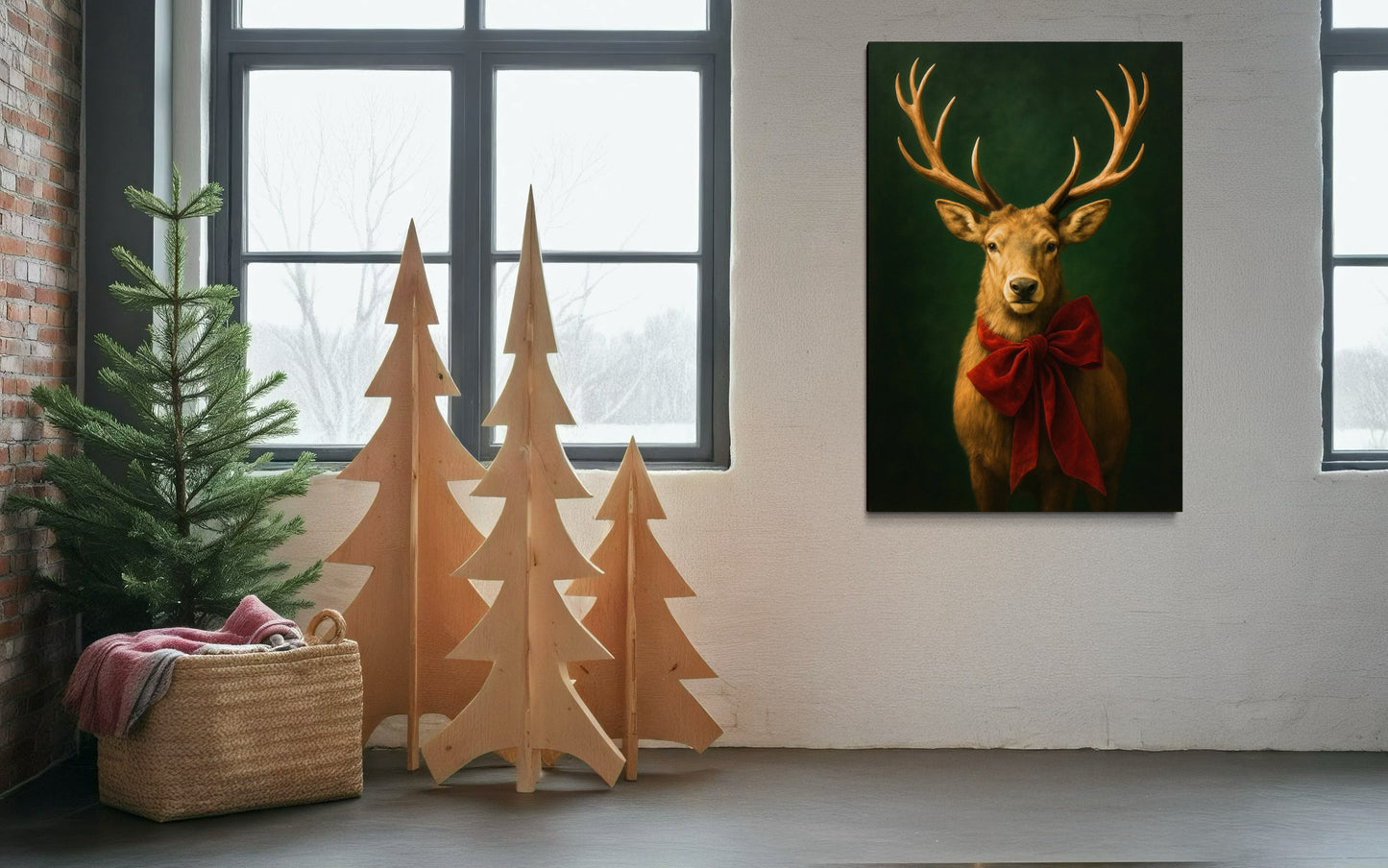Regal Holiday Stag with Red Bow – Vintage Woodland Wall Art