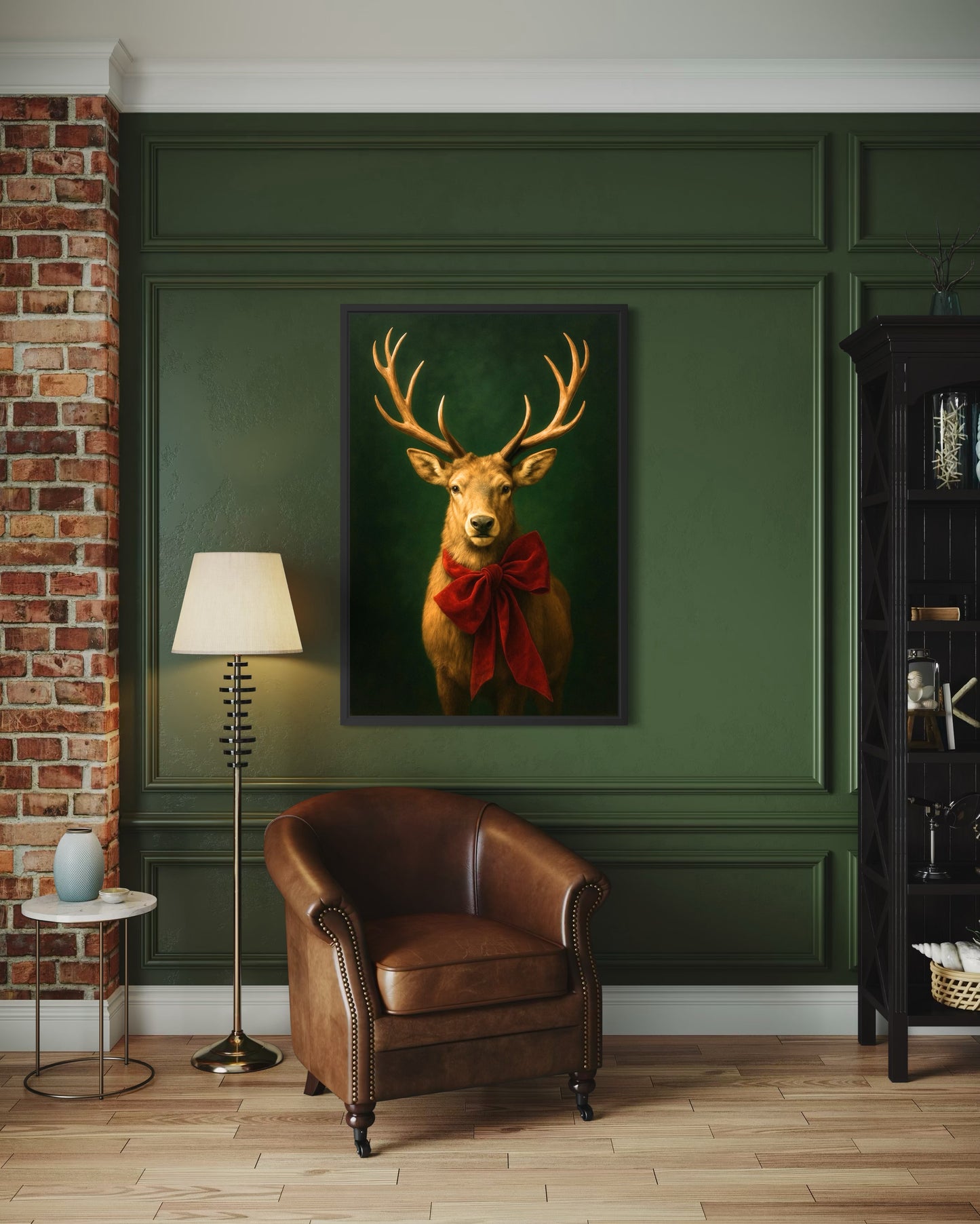Regal Holiday Stag with Red Bow – Vintage Woodland Wall Art