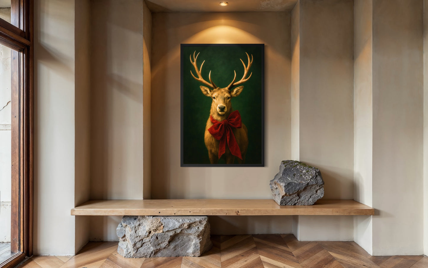 Regal Holiday Stag with Red Bow – Vintage Woodland Wall Art