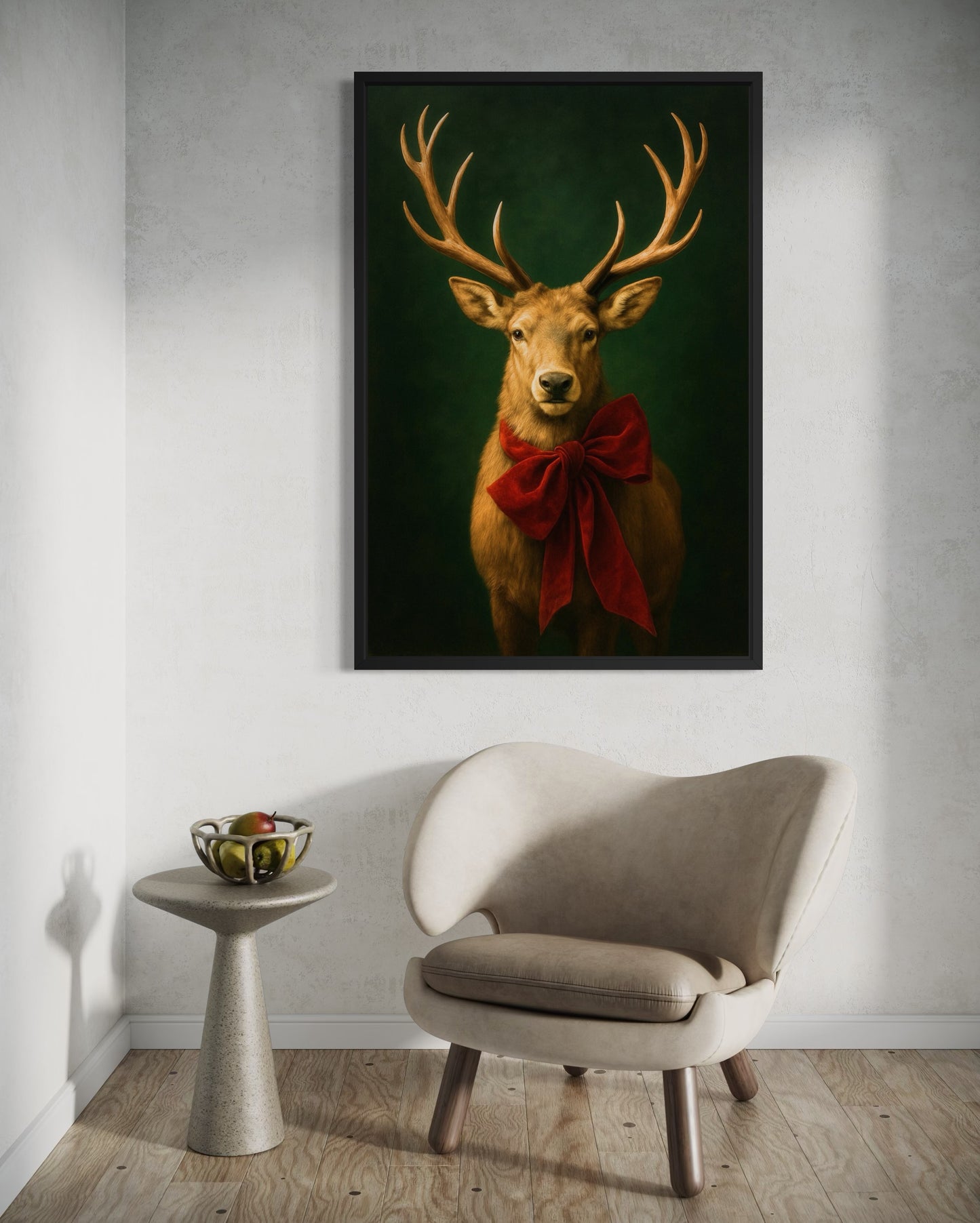 Regal Holiday Stag with Red Bow – Vintage Woodland Wall Art