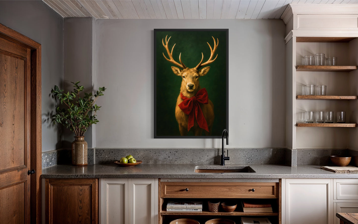 Regal Holiday Stag with Red Bow – Vintage Woodland Wall Art