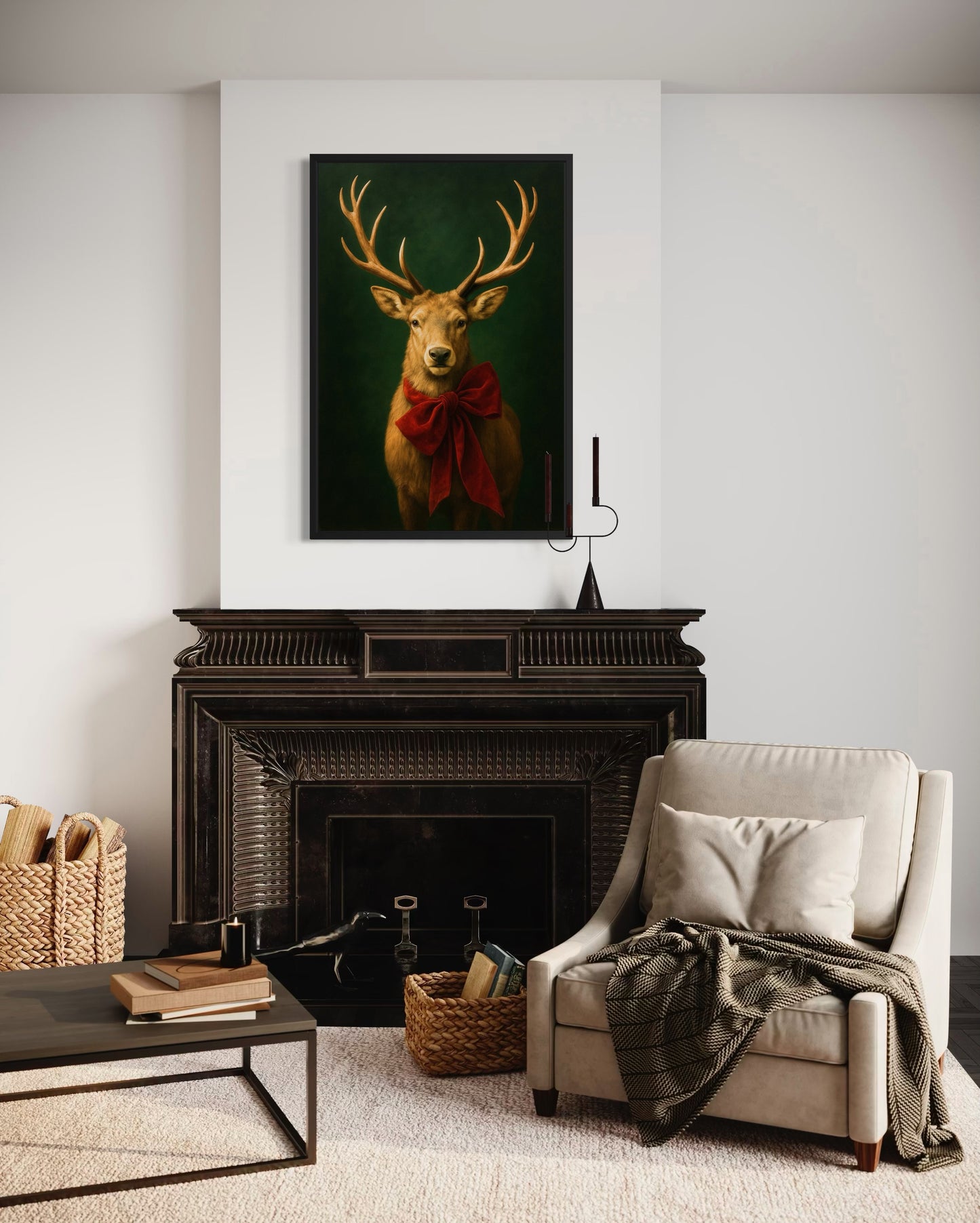 Regal Holiday Stag with Red Bow – Vintage Woodland Wall Art