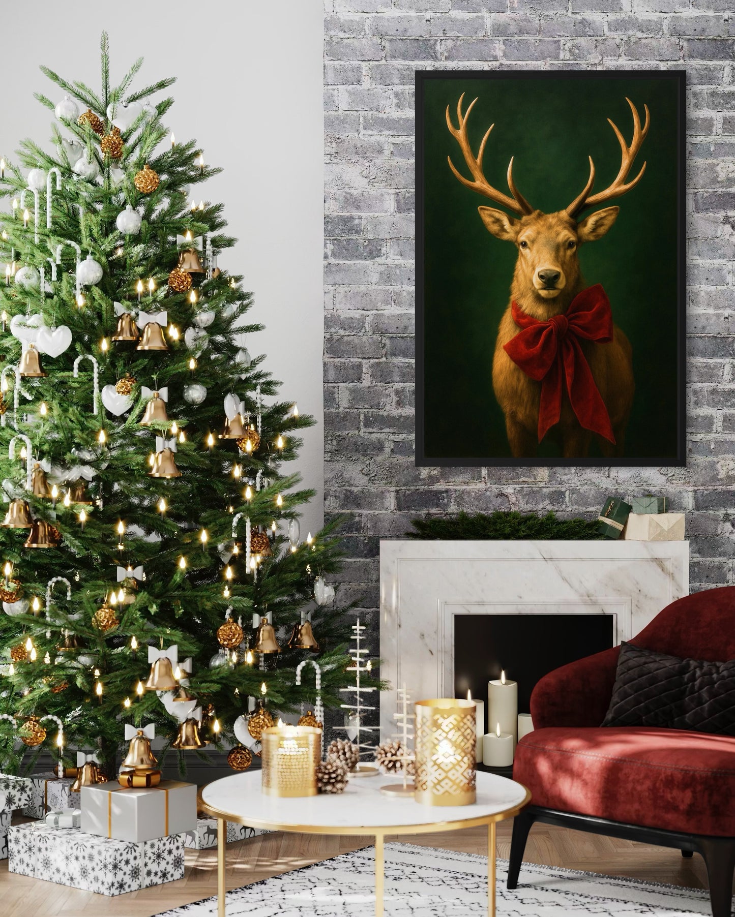 Regal Holiday Stag with Red Bow – Vintage Woodland Wall Art