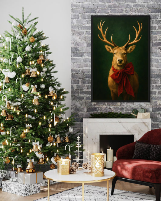 Regal Holiday Stag with Red Bow – Vintage Woodland Wall Art