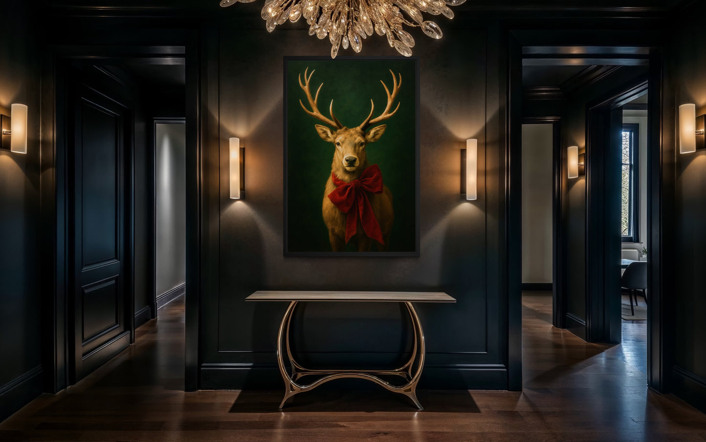 Regal Holiday Stag with Red Bow – Vintage Woodland Wall Art